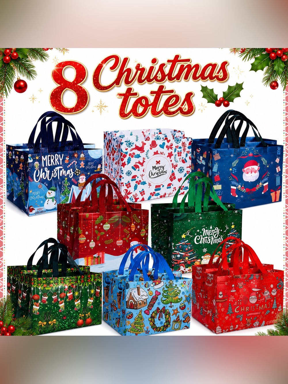Set of 8 Reusable Christmas Tote Gift Bags - Red, Green, Blue, White